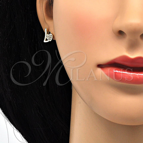 Oro Laminado Stud Earring, Gold Filled Style Heart and Love Design, with White Micro Pave, Polished, Golden Finish, 02.260.0017