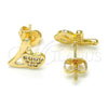 Oro Laminado Stud Earring, Gold Filled Style Heart and Love Design, with White Micro Pave, Polished, Golden Finish, 02.260.0017