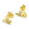 Oro Laminado Stud Earring, Gold Filled Style Heart and Love Design, with White Micro Pave, Polished, Golden Finish, 02.260.0017