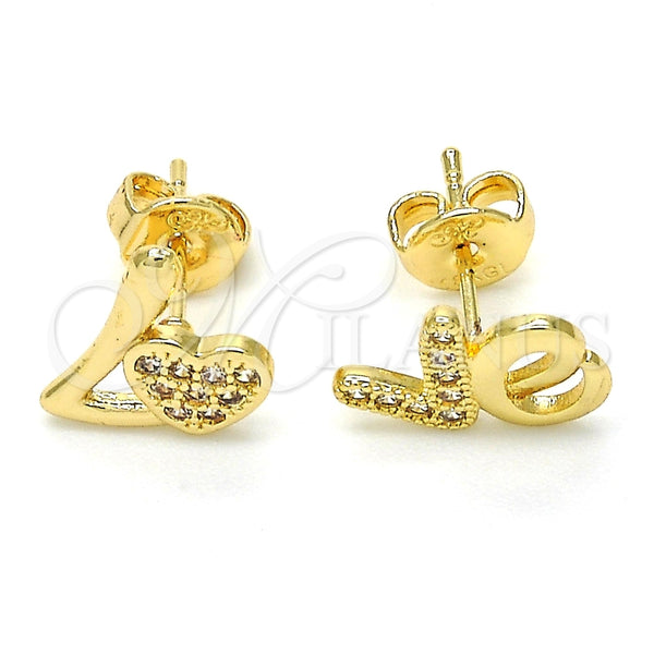 Oro Laminado Stud Earring, Gold Filled Style Heart and Love Design, with White Micro Pave, Polished, Golden Finish, 02.260.0017