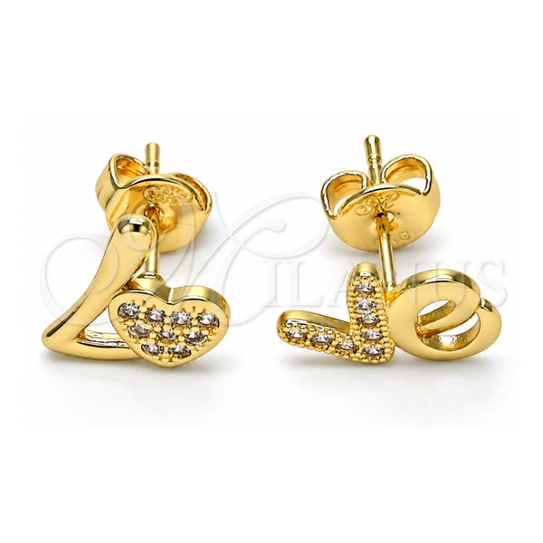 Oro Laminado Stud Earring, Gold Filled Style Heart and Love Design, with White Micro Pave, Polished, Golden Finish, 02.260.0017