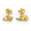 Oro Laminado Stud Earring, Gold Filled Style Heart and Love Design, with White Micro Pave, Polished, Golden Finish, 02.260.0017