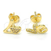 Oro Laminado Stud Earring, Gold Filled Style Heart and Love Design, with White Micro Pave, Polished, Golden Finish, 02.260.0017