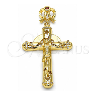 Oro Laminado Religious Pendant, Gold Filled Style Crucifix and Star Design, with Garnet and White Cubic Zirconia, Polished, Golden Finish, 05.253.0038