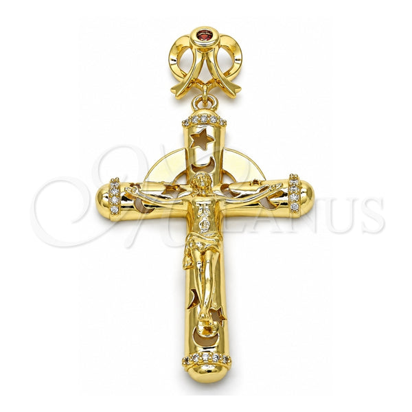 Oro Laminado Religious Pendant, Gold Filled Style Crucifix and Star Design, with Garnet and White Cubic Zirconia, Polished, Golden Finish, 05.253.0038