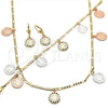 Oro Laminado Necklace, Bracelet and Earring, Gold Filled Style San Benito and Elephant Design, with Multicolor Crystal, Polished, Tricolor, 06.253.0001