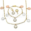 Oro Laminado Necklace, Bracelet and Earring, Gold Filled Style San Benito and Elephant Design, with Multicolor Crystal, Polished, Tricolor, 06.253.0001