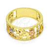 Oro Laminado Elegant Ring, Gold Filled Style Elephant and Owl Design, with Garnet Micro Pave, Polished, Tricolor, 01.253.0012.07 (Size 7)