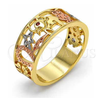 Oro Laminado Elegant Ring, Gold Filled Style Elephant and Owl Design, with Garnet Micro Pave, Polished, Tricolor, 01.253.0012.08 (Size 8)