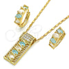 Oro Laminado Necklace and Earring, Gold Filled Style Greek Key Design, with Aqua Blue and White Cubic Zirconia, Polished, Golden Finish, 10.210.0041