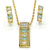 Oro Laminado Necklace and Earring, Gold Filled Style Greek Key Design, with Aqua Blue and White Cubic Zirconia, Polished, Golden Finish, 10.210.0041