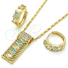 Oro Laminado Necklace and Earring, Gold Filled Style Greek Key Design, with Aqua Blue and White Cubic Zirconia, Polished, Golden Finish, 10.210.0041