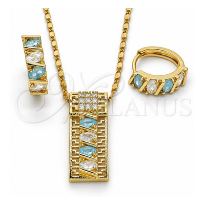 Oro Laminado Necklace and Earring, Gold Filled Style Greek Key Design, with Aqua Blue and White Cubic Zirconia, Polished, Golden Finish, 10.210.0041