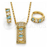 Oro Laminado Necklace and Earring, Gold Filled Style Greek Key Design, with Aqua Blue and White Cubic Zirconia, Polished, Golden Finish, 10.210.0041