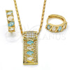 Oro Laminado Necklace and Earring, Gold Filled Style Greek Key Design, with Aqua Blue and White Cubic Zirconia, Polished, Golden Finish, 10.210.0041