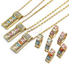 Oro Laminado Necklace and Earring, Gold Filled Style Greek Key Design, with Aqua Blue and White Cubic Zirconia, Polished, Golden Finish, 10.210.0041