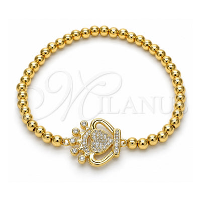 Oro Laminado Fancy Bracelet, Gold Filled Style Expandable Bead and Crown Design, with White Cubic Zirconia, Polished, Golden Finish, 03.207.0074.07 (04 MM Thickness, 7 Inches Length)