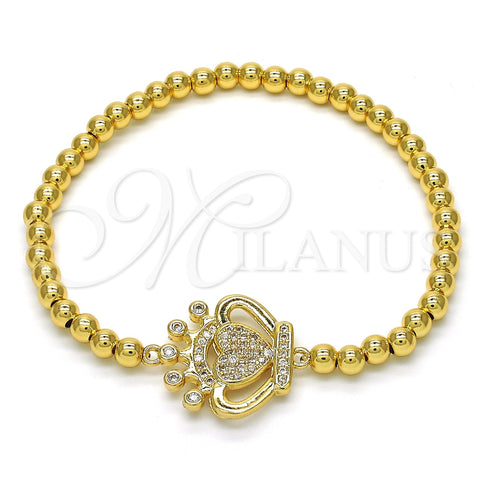 Oro Laminado Fancy Bracelet, Gold Filled Style Expandable Bead and Crown Design, with White Cubic Zirconia, Polished, Golden Finish, 03.207.0074.07 (04 MM Thickness, 7 Inches Length)
