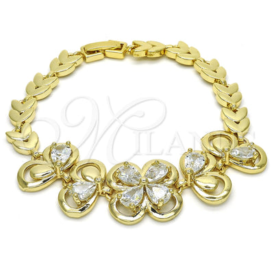 Oro Laminado Fancy Bracelet, Gold Filled Style Flower and Leaf Design, with White Cubic Zirconia, Polished for wholesale, main product view