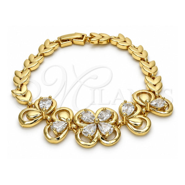 Oro Laminado Fancy Bracelet, Gold Filled Style Flower and Leaf Design, with White Cubic Zirconia, Polished, Golden Finish, 03.266.0022.1.07 (07 MM Thickness, 7 Inches Length)