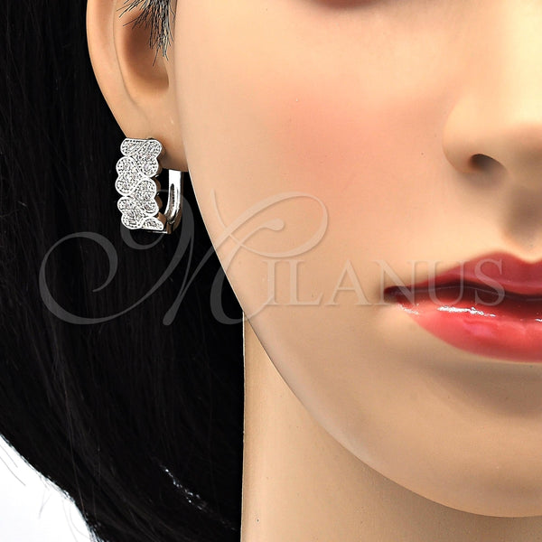 White Gold Filled Hoop Earrings — Huggie Hoop Heart Design with White Cubic Zirconia — alternate product view — SKU 118017 | Oro Laminado Blanco aretes de aro — Huggie Hoop corazón diseño with blanco Cubic Zirconia — SKU 118017