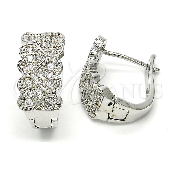 White Gold Filled Hoop Earrings — Huggie Hoop Heart Design with White Cubic Zirconia — main product view — SKU 118017 | Oro Laminado Blanco aretes de aro — Huggie Hoop corazón diseño with blanco Cubic Zirconia — SKU 118017