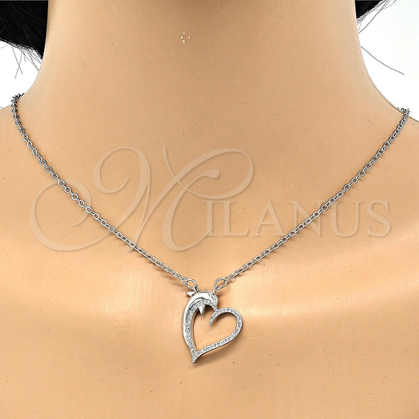 Rhodium Plated Pendant Necklace, Heart and Dolphin Design, with White Micro Pave, Polished, Rhodium Finish, 04.304.0010.1.18 (02 MM Thickness, 18 Inches Length)