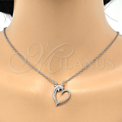 Rhodium Plated Pendant Necklace, Heart and Dolphin Design, with White Micro Pave, Polished, Rhodium Finish, 04.304.0010.1.18 (02 MM Thickness, 18 Inches Length)