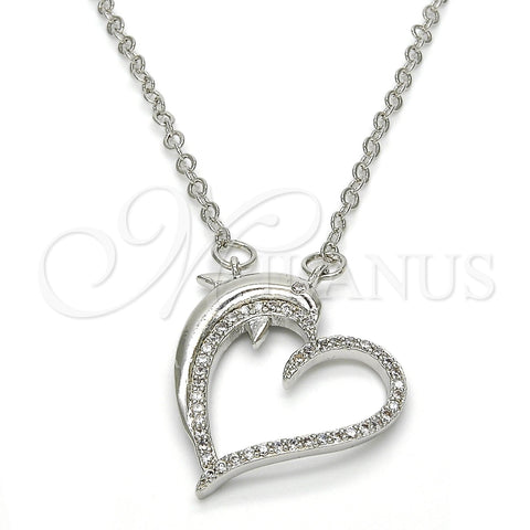 Rhodium Gold Filled Pendant Necklace, Heart and Dolphin Design, with White Micro Pave, Polished, Rhodium Finish, 04.304.0010.1.18 (02 MM Thickness, 18 Inches Length)