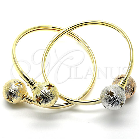 Oro Laminado Individual Bangle, Gold Filled Style Ball and Hollow Design, Diamond Cutting Finish, Tricolor, 07.102.0003 (05 MM Thickness, One size fits all)