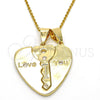 Oro Laminado Fancy Pendant, Gold Filled Style key and Heart Design, with White Cubic Zirconia, Polished, Golden Finish, 05.179.0059