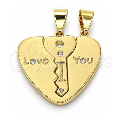 Oro Laminado Fancy Pendant, Gold Filled Style key and Heart Design, with White Cubic Zirconia, Polished, Golden Finish, 05.179.0059