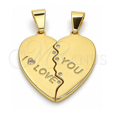 Oro Laminado Fancy Pendant, Gold Filled Style Heart Design, with White Cubic Zirconia, Polished, Golden Finish, 05.179.0060