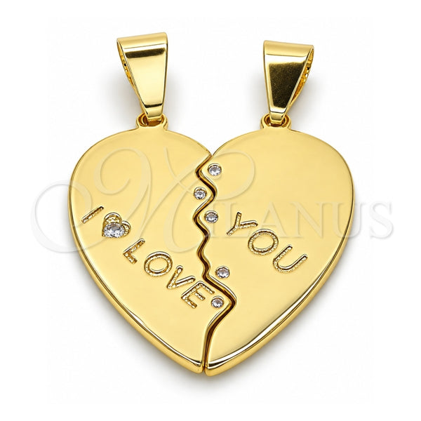 Oro Laminado Fancy Pendant, Gold Filled Style Heart Design, with White Cubic Zirconia, Polished, Golden Finish, 05.179.0060