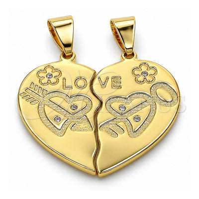 Oro Laminado Fancy Pendant, Gold Filled Style Heart and Love Design, with White Cubic Zirconia, Polished, Golden Finish, 05.179.0061