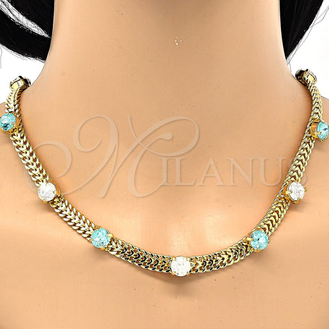 Oro Laminado Necklace and Bracelet, Gold Filled Style with Aqua Blue and White Cubic Zirconia, Polished, Golden Finish, 06.185.0015