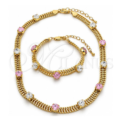 Oro Laminado Necklace and Bracelet, Gold Filled Style with Pink and White Cubic Zirconia, Polished, Golden Finish, 06.185.0015.1