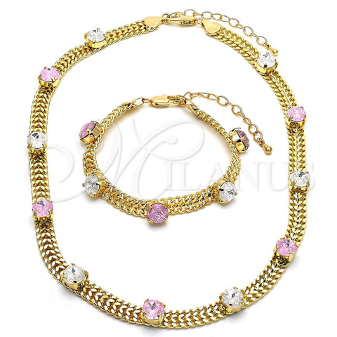Oro Laminado Necklace and Bracelet, Gold Filled Style with Pink and White Cubic Zirconia, Polished, Golden Finish, 06.185.0015.1