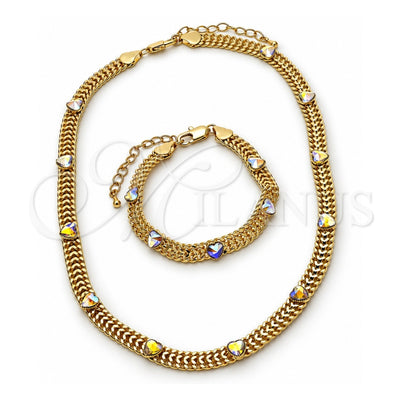 Oro Laminado Necklace and Bracelet, Gold Filled Style Heart Design, with Aurore Boreale Crystal, Polished, Golden Finish, 06.185.0016