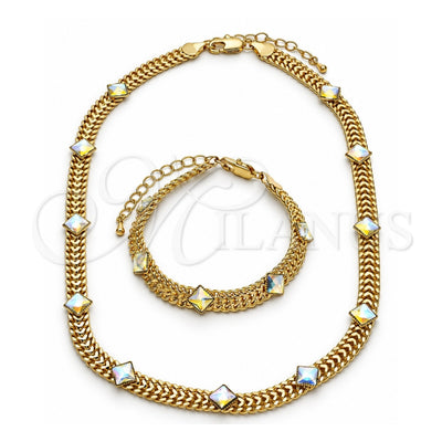 Oro Laminado Necklace and Bracelet, Gold Filled Style with Aurore Boreale Crystal, Polished, Golden Finish, 06.185.0018