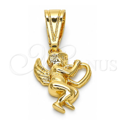 Oro Laminado Religious Pendant, Gold Filled Style Angel and Heart Design, Polished, Golden Finish, 05.120.0079