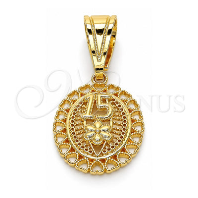 Oro Laminado Fancy Pendant, Gold Filled Style Flower and Heart Design, Polished, Golden Finish, 05.120.0085