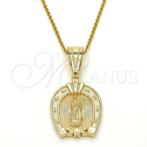 Oro Laminado Religious Pendant, Gold Filled Style Guadalupe and Heart Design, Polished, Golden Finish, 05.120.0086