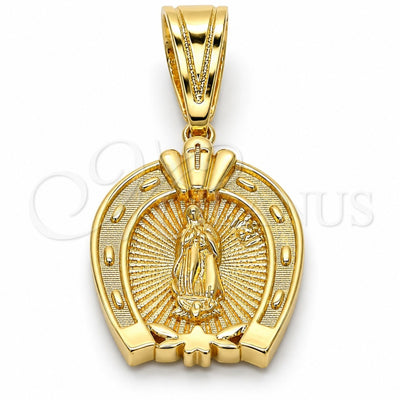 Oro Laminado Religious Pendant, Gold Filled Style Guadalupe and Heart Design, Polished, Golden Finish, 05.120.0086