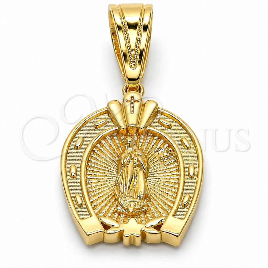 Oro Laminado Religious Pendant, Gold Filled Style Guadalupe and Heart Design, Polished, Golden Finish, 05.120.0086