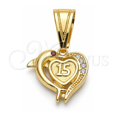 Oro Laminado Fancy Pendant, Gold Filled Style Heart and Dolphin Design, with Garnet and White Cubic Zirconia, Polished, Golden Finish, 05.120.0087