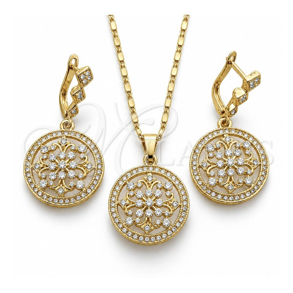 Oro Laminado Earring and Pendant Adult Set, Gold Filled Style with White Crystal and White Micro Pave, Polished, Golden Finish, 10.314.0004