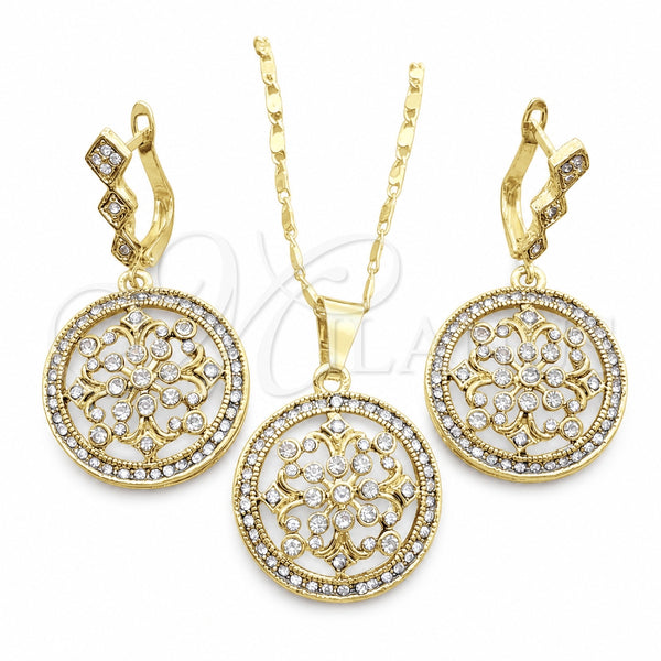 Oro Laminado Earring and Pendant Adult Set, Gold Filled Style with White Crystal and White Micro Pave, Polished, Golden Finish, 10.314.0004.1