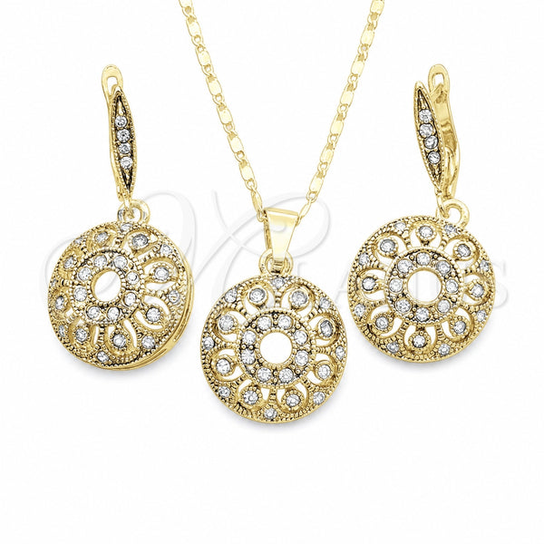 Oro Laminado Earring and Pendant Adult Set, Gold Filled Style Flower Design, with White Crystal, Polished, Golden Finish, 10.314.0006.1