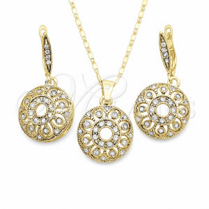 Oro Laminado Earring and Pendant Adult Set, Gold Filled Style Flower Design, with White Crystal, Polished, Golden Finish, 10.314.0006.1